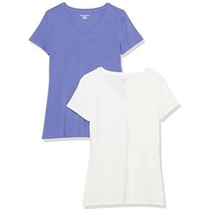 Amazon Essentials Women's T-shirt met korte mouwen en V-hals in klassieke pasvorm, Pack of 2, Paarsblauw/Wit, XS