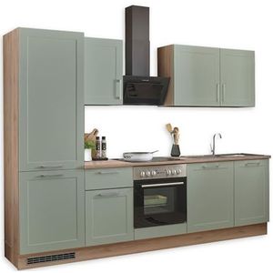 MARSEILLE Moderne kitchenette zonder elektrische apparaten in rietgroen, San Remo eikenlook, ruime inbouwkeuken met veel opbergruimte, 280 x 211 x 60 cm (b x h x d)