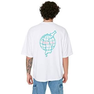Trendyol Heren Witman oversized fietskraag bedrukt T-shirt, wit, klein