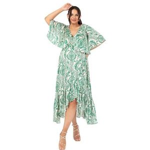 Lovedrobe Dames Midaxi Jurk V-hals Cape Mouw Abstracte Bloemenprint Ruche Hi Lage Zoom Wrap Riem A-lijn Groen 16, Groen, 42
