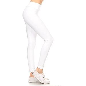 Leggings Depot Women's 3"" Waistband Yoga High Waisted Solid Leggings Pants (Full Length, White, Medium)