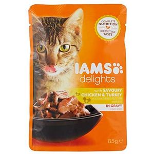 Iams Delights Adult Kip & kalkoen, natvoer voor volwassen katten, proefgrootte, enkele zak (85 g)