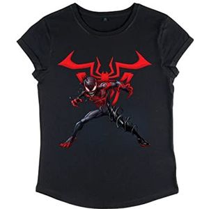 Marvel Dames Spiderman Miles W Symbool Roll Sleeve T-Shirt, Zwart, M, zwart, M