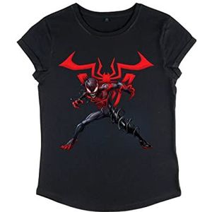 Marvel Dames Spiderman Miles W Symbool Roll Sleeve T-Shirt, Zwart, L, zwart, L