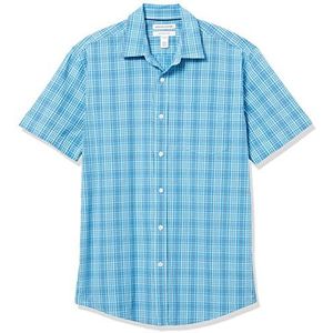 Amazon Essentials Men's Poplin overhemd met normale pasvorm en korte mouwen, Blauw Wit Plaid, L