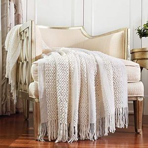 CREVENT Boerderij gebreide deken voor bank, sofa, stoel, bed, woondecoratie, zacht, warm, gezellig lichtgewicht (127 cm x 152 cm crème/wit)