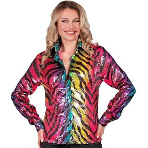 Widmann - Feestmode pailletten blouse voor dames, regenboog, tijgerpatroon, disco fever, slagermove, dameshemd, dierenprint