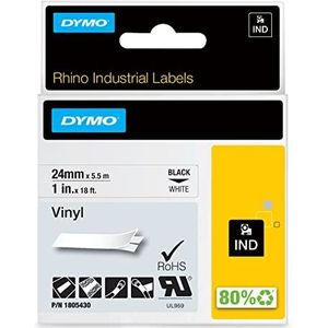 DYMO Rhino-Industrie-vinyllabels, 24 mm x 5,5 m, zwarte print op witte ondergrond, zelfklevende tape