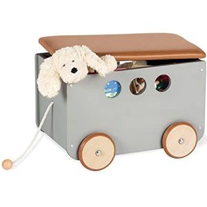Pinolino Houten en kunstleren speelgoeddoos 'Jim' met rubberen houten wielen en afneembare hoes, grijs, bruin leer