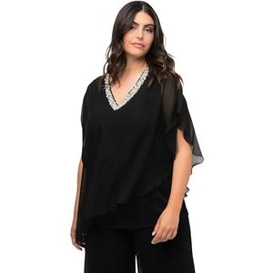 Ulla Popken Dames chiffon blouse met versiering blouse, zwart, 46/48 grote maten