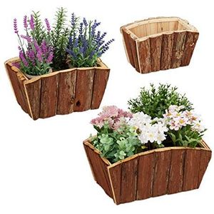 Relaxdays plantenbak, set van 3, natuurlijk hout met schors, tuin, terras & vensterbank, bloembak, decoratie, natuur