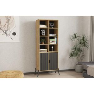 Hanah Home Industriële boekenplank met ijzeren poten, saffiereiken en antraciet, 58,6 x 160 x 30 cm, 100% melamine gecoat, 18 mm dik, stijlvolle opbergoplossing voor moderne ruimtes