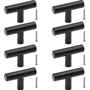 Deurknoppen Zwart Roestvrij Staal, 8 Delige T Balk Kasten met Één gat Handgrepen, Keukenkasthandvat met 8 Delige Schroef, Mat, voor Meubels DIY, Nachtkastje, Tv Kast (50 mm)