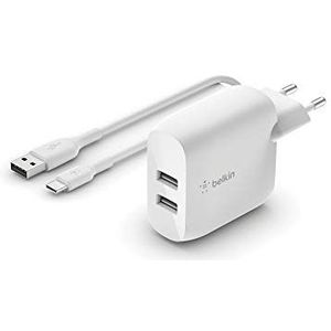 Belkin Boost Charge USB-A-oplader met twee poorten van 24 W met USB-A-naar-USB-C-kabel (voor Pixel, iPad Pro en andere apparaten zoals Samsung)