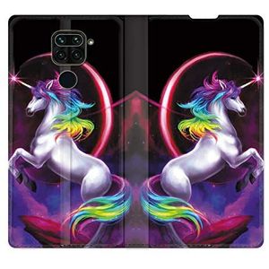 Beschermhoes van leer voor Xiaomi Redmi Note 9S/9 Pro, motief: eenhoorn, regenboog