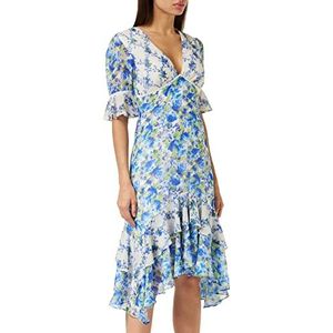 Hope & Ivy De Indigo Contrast Bloemen Ruche Hem Midi Jurk met Lage Rug Uitgesneden Speciale Gelegenheid, Blauw/Wit, 40