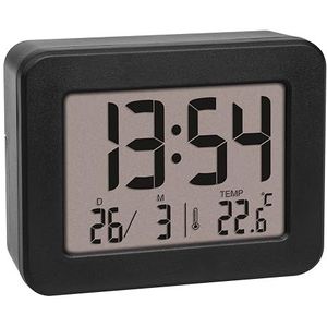 TFA Dostmann Digitale Mini Wekker, 60.2044.01, op batterijen, met luid alarm, interne temperatuur, datum, kwartsuurwerk, reiswekker, zwart