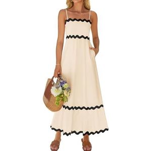 ZESICA Dames 2024 zomer spaghettibandjes mouwloze rugloze zonnejurk vloeiende gesmokte kanten swing A-lijn midi-jurk, Abrikoos, M