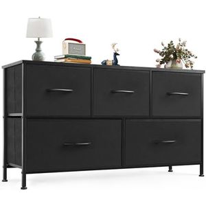 NEWBULIG Commodes voor 5 commodes, kastorganizer en opslag, tv-standaard voor slaapkamermeubels met planken, gemakkelijk te trekken stoffen containers, 5 laden, zwart
