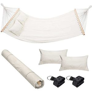 Bakaji Hangmat voor de tuin, tweepersoonsbed, 2-zits, 232 x 148 cm, transparante houten stangen, overtrek van katoen met 2 kussens en riemen, modern design, voor tuin, terras, camping (beige)