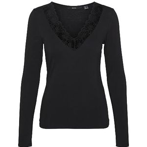 VERO MODA Damesblouse, slim fit, V-hals, kanten detail, basic, lange mouwen, zwart, XL