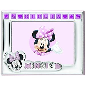 VALENTI & CO. Disney Baby Minnie Mouse fotolijst voor baby's, zilver, personaliseerbaar met de naam van het kind, alle stickers zijn inbegrepen, roze achterkant