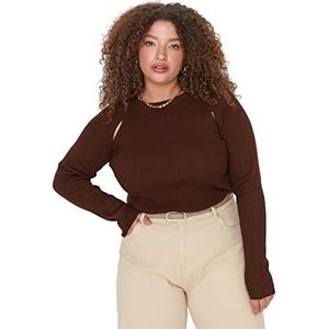 Trendyol Dames regular fit bodycon ronde hals geweven plus size trui sweatshirt, Bruin, XXL grote maten