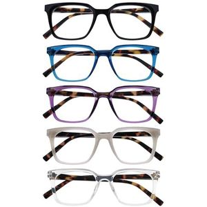 OPULIZE KOI Leesbrillen 5-Pack - Groot Rechthoekig Montuur - Zwart-Blauw-Paars-Grijs-Helder - Heren Dames - Veerscharnieren - RRRRR50-1357C - +1.50
