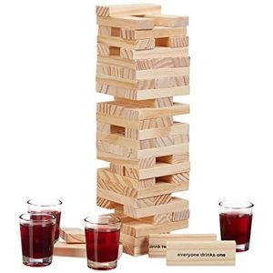 Relaxdays stapeltoren drankspel ""Drunken Tower"", met 60 blokken, 4 shotglazen, voor volwassenen, vallende toren, natuur