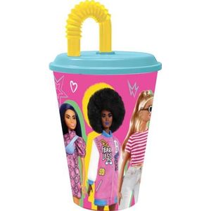 Barbie Drinkbeker voor meisjes, roze en lichtblauw, 430 ml, met rietje en flexibel deksel