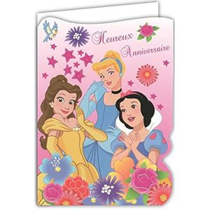 200002 verjaardagskaart, met stickers, Disney-prinsessen, aspoestel, sneeuwwitje, Aurora Belle van hout, slapende blaf en het beest, met roze envelop, 12 x 17,5 cm