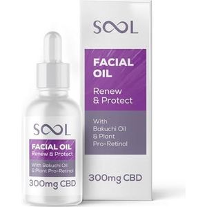 SOOL CBD Facial Oil Renew & Protect 300mg, 30ml | With Bakuchi Oil & Plant Pro-Retinol | Collagen-Friendly Formula