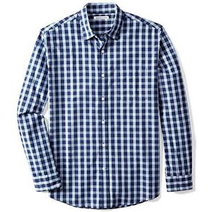 Amazon Essentials Men's Casual poplin overhemd met normale pasvorm en lange mouwen, Blauw Grijs Plaid, M