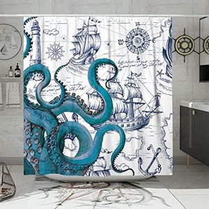 DESIHOM Blauwe nautische octopus douchegordijnset, grappige oceaan kraken douchegordijnen voor badkamer, strand kust piraat kaart decor polyester stof-183 cm x 183 cm