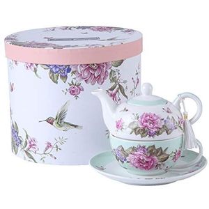London Boutique Tea for One Suacer Theepot/mok, suacerset, shaby chic, flora, vogel, roos, vlinder, porselein, geschenkdoos, blauwgroen, keramiek, 15 x 15 cm