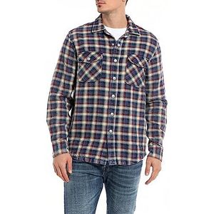Replay Herenhemd regular fit, 010 Blauw/Lt Crème/Rood, XS
