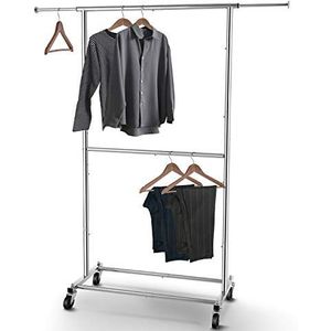 Eenvoudig, modieus, dubbele kledingstang, organizer met wielen voor het ophangen van kleding, verchroomd