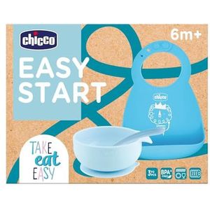 Chicco Siliconen F Babyvoedingsset Antislip, BPA-vrij, 3-delige bijvoedingset bestaande uit Stevige Easy Roll slab, Easy Bowl met zuignap en lepel, 6M+, Blauw