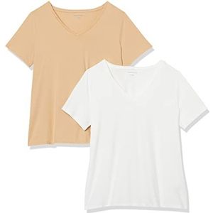 Amazon Essentials T-shirt voor dames, klassieke pasvorm, korte mouwen, V-hals, set van 2, wit/licht camel, 1x