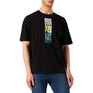 BOSS Heren TeTrue 1 Relaxed-Fit T-shirt van katoen-jersey met opvallend kunstwerk, zwart 1, L