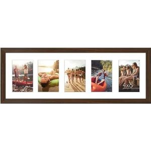 Americanflat 8x24 Collage fotolijst met vijf 4x6 displays in walnoot - composiet hout met breekbestendig glas - horizontale en verticale formaten voor muur