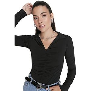 Trendyol Dames getailleerde bodycon polo hals gebreide blouse, Zwart, XS