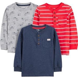 Simple Joys by Carter's Boys' 3-Pack Long Sleeve Shirts, Grey Dogs/Navy Heather/Red Double Stripe, 4T