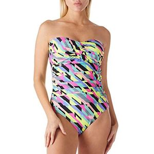 RELLECIGA Women's Tummy Control One Piece Swimsuit Bandeau Strapless Ruched Bathing Suits(Neon Striped,Large)