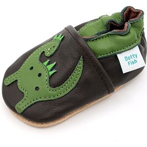 Dotty Fish zachte lederen babyschoenen. Antislip peuterschoenen. Jongens. Bruine dinosaurus. 3-4 jaar.