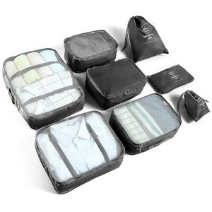 BillyBath Packing Cubes, kofferorganizer, kledingtassen, schoenentas, reisorganizer, verpakkingskubus, cosmetica, reisorganizer, paktassen voor koffer (8-delig, zwart)