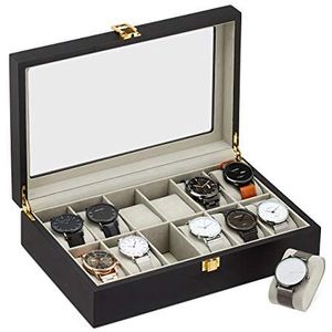 Relaxdays horlogebox, 12 vakken, glazen kijkvenster, krasbescherming, fluweel, hout, horloge doos, HBD 8x31x20 cm, zwart