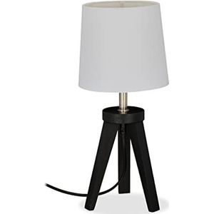 Relaxdays tafellamp tripod, hout & stof, E14, schemerlamp woonkamer, HxØ: 31 x 14 cm, ronde nachtkastlamp, zwart/wit