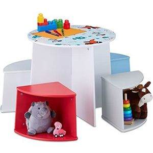 Relaxdays kindertafel met 4 stoeltjes, hondenprint, speeltafel met kinderkrukjes, voor jongens en meisjes, MDF, gekleurd