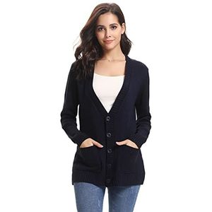 Irevial Gebreid vest voor dames, lange mouwen, elegant, gebreide jas, open front sweater met knoopsluiting en zakken, S-XXL, marineblauw, XXL